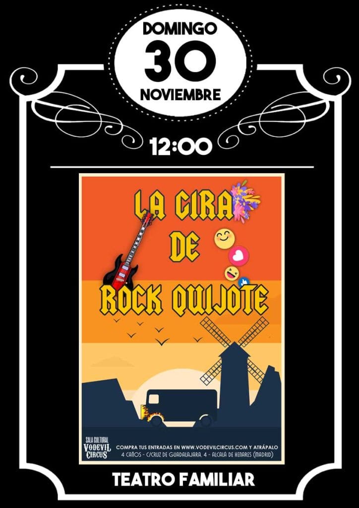 Cartel de La Gira de Rock Quijote, teatro familiar en Vodevil Circus, Alcalá de Henares