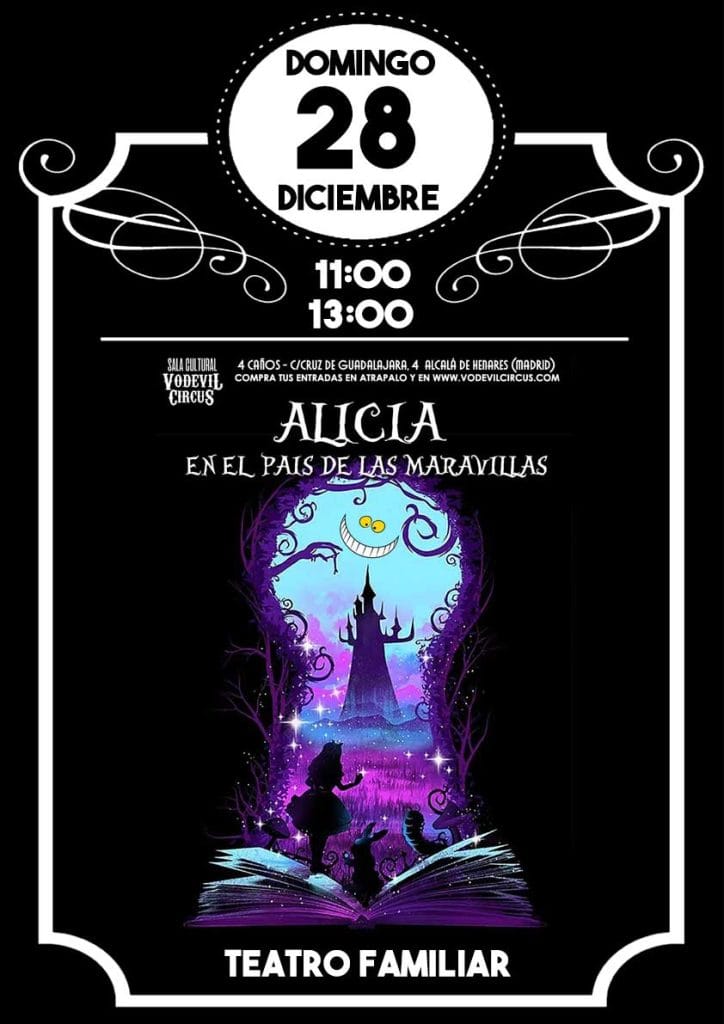 Cartel de Alicia en el pais de las maravillas, teatro familiar en Vodevil Circus, Alcalá de Henares