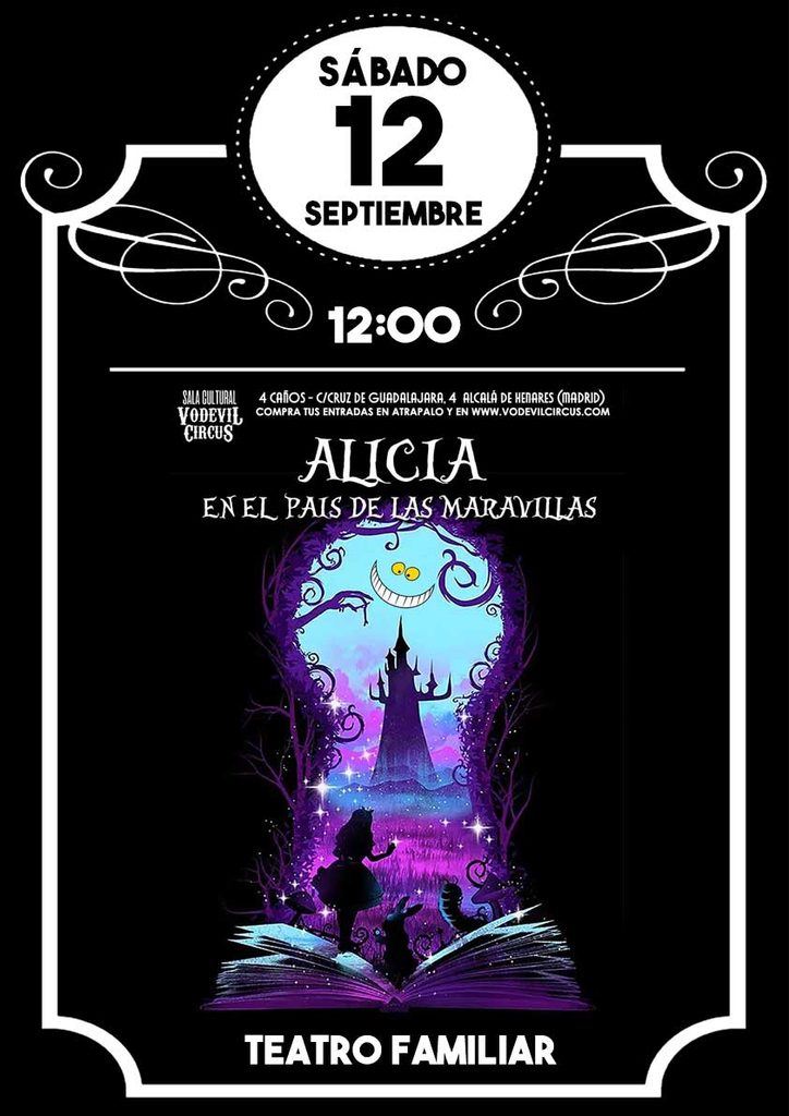 Cartel de Alicia en el país de las maravillas, teatro familiar en Vodevil Circus, Alcalá de Henares