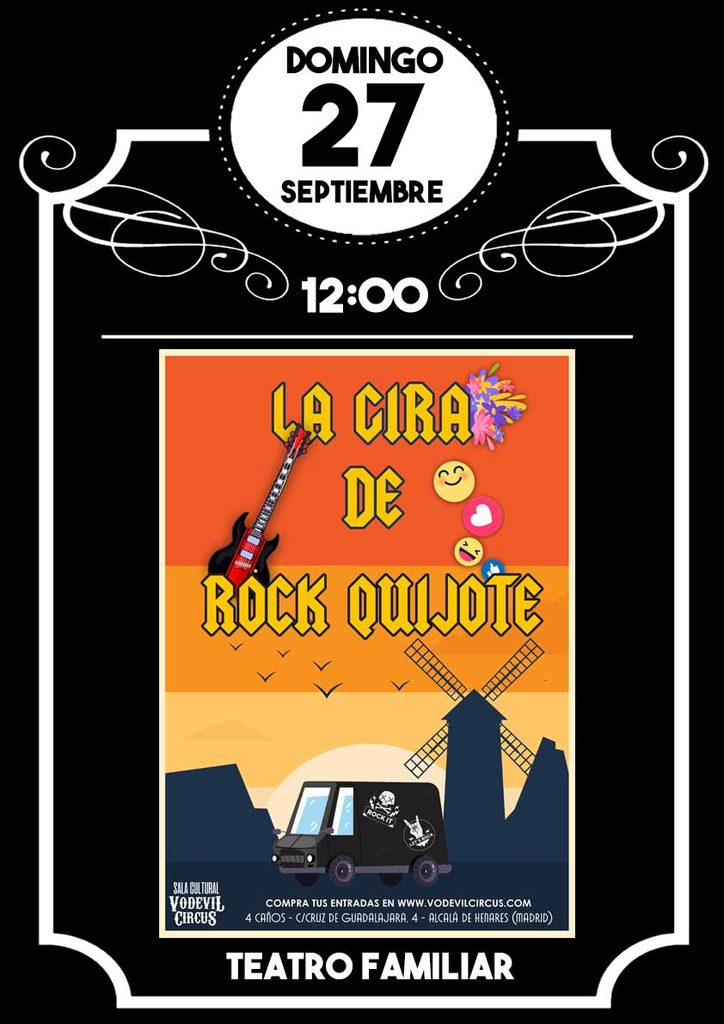 Cartel de La Gira de Rock Quijote, teatro familiar en Vodevil Circus, Alcalá de Henares
