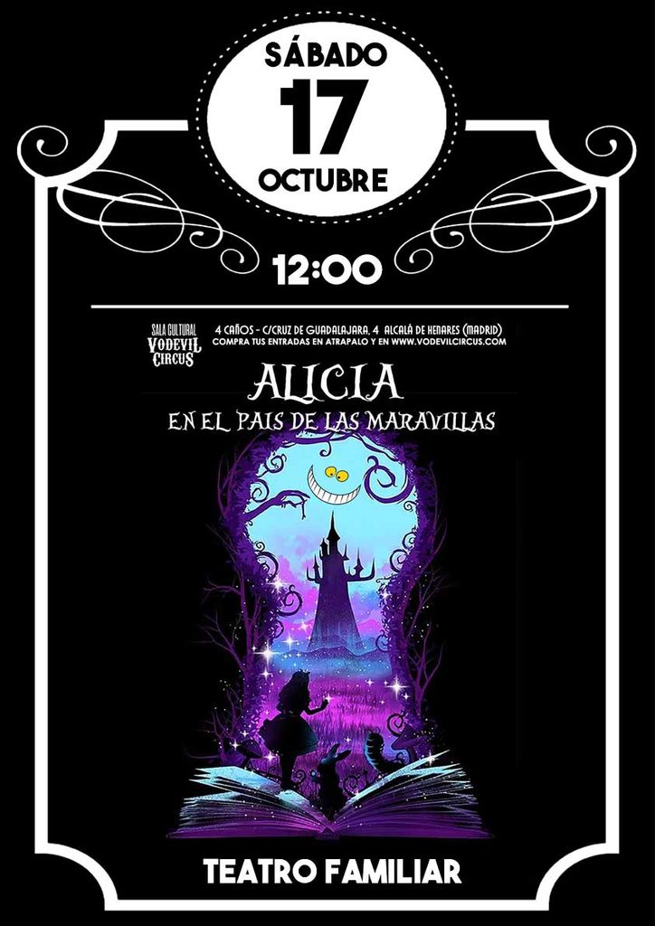 Cartel de Alicia en el país de las maravillas, teatro familiar en Vodevil Circus, Alcalá de Henares