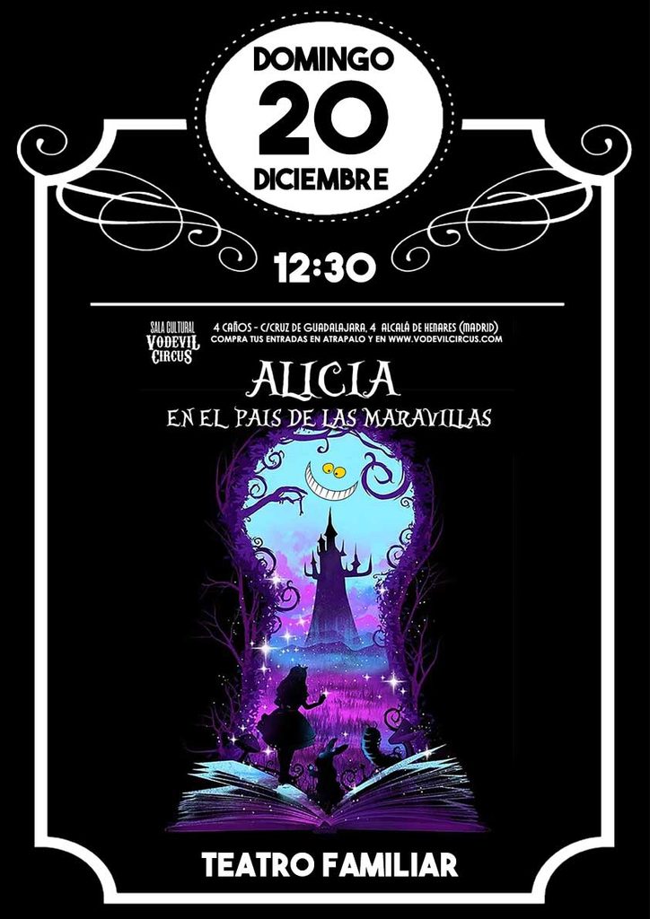 Cartel de Alicia en el país de las maravillas, teatro familiar en Vodevil Circus, Alcalá de Henares